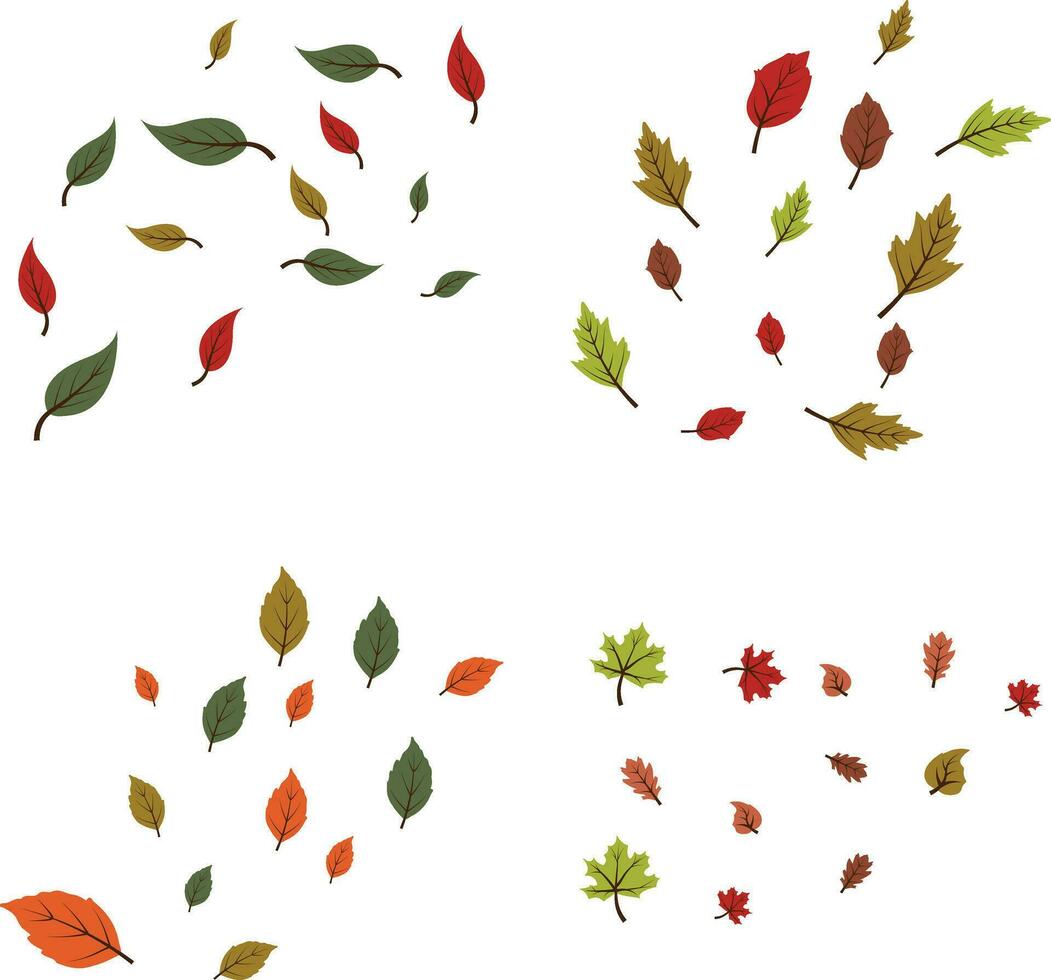 Fallen Autumn Leaves In White Background. Vector Illustration Set.