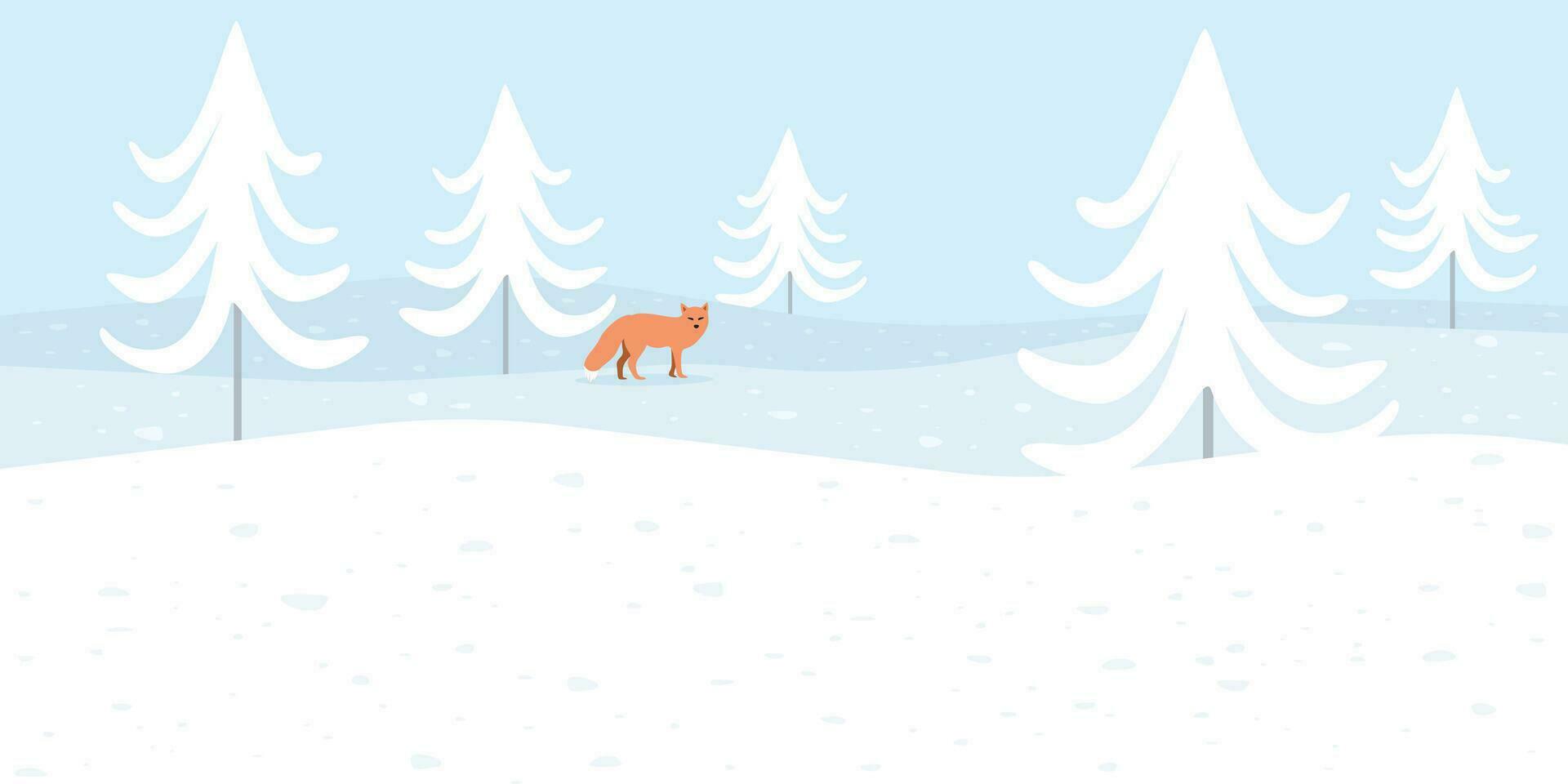 Lonely fox in snowland childish style vector illustration. Snow landscape concept with pine tree have blank space.