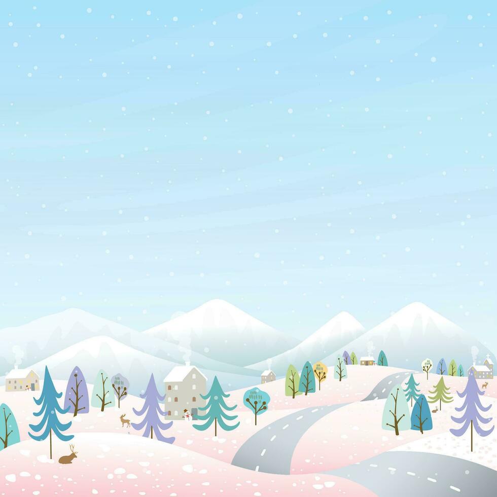 Winter landscape have local road trough small town vector illustration. Merry Christmas and Happy New Year greeting card template have blank space.