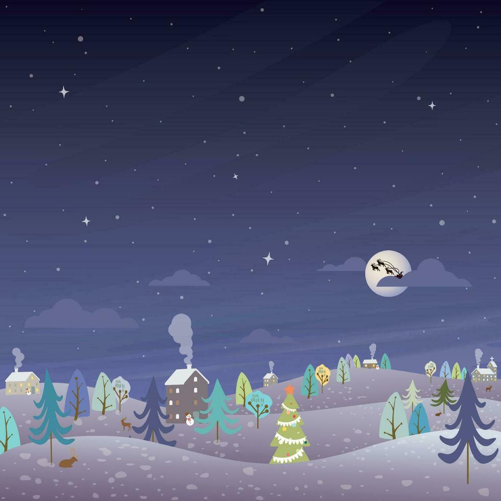 invierno mundo maravilloso en Navidad noche antecedentes infantil estilo vector ilustración. alegre Navidad saludo tarjeta modelo tener blanco espacio.