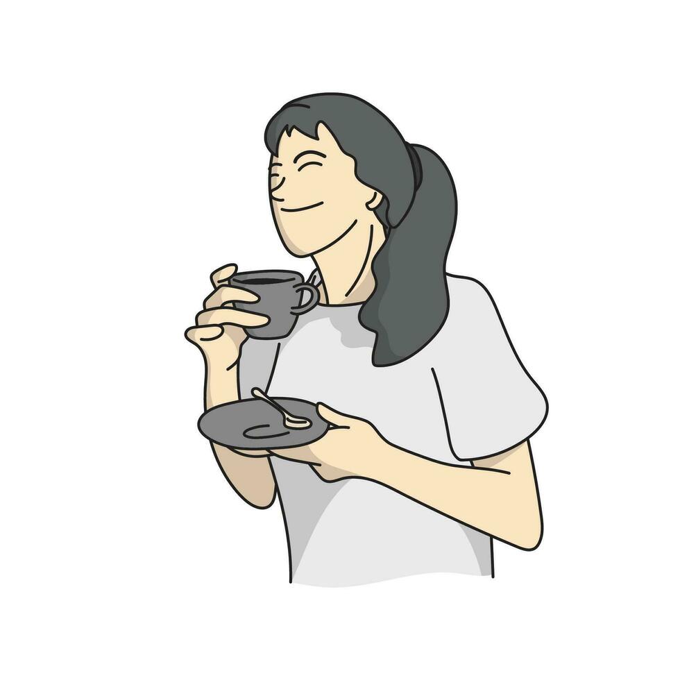 medio longitud de joven mujer participación caliente café ilustración vector mano dibujado aislado en blanco antecedentes