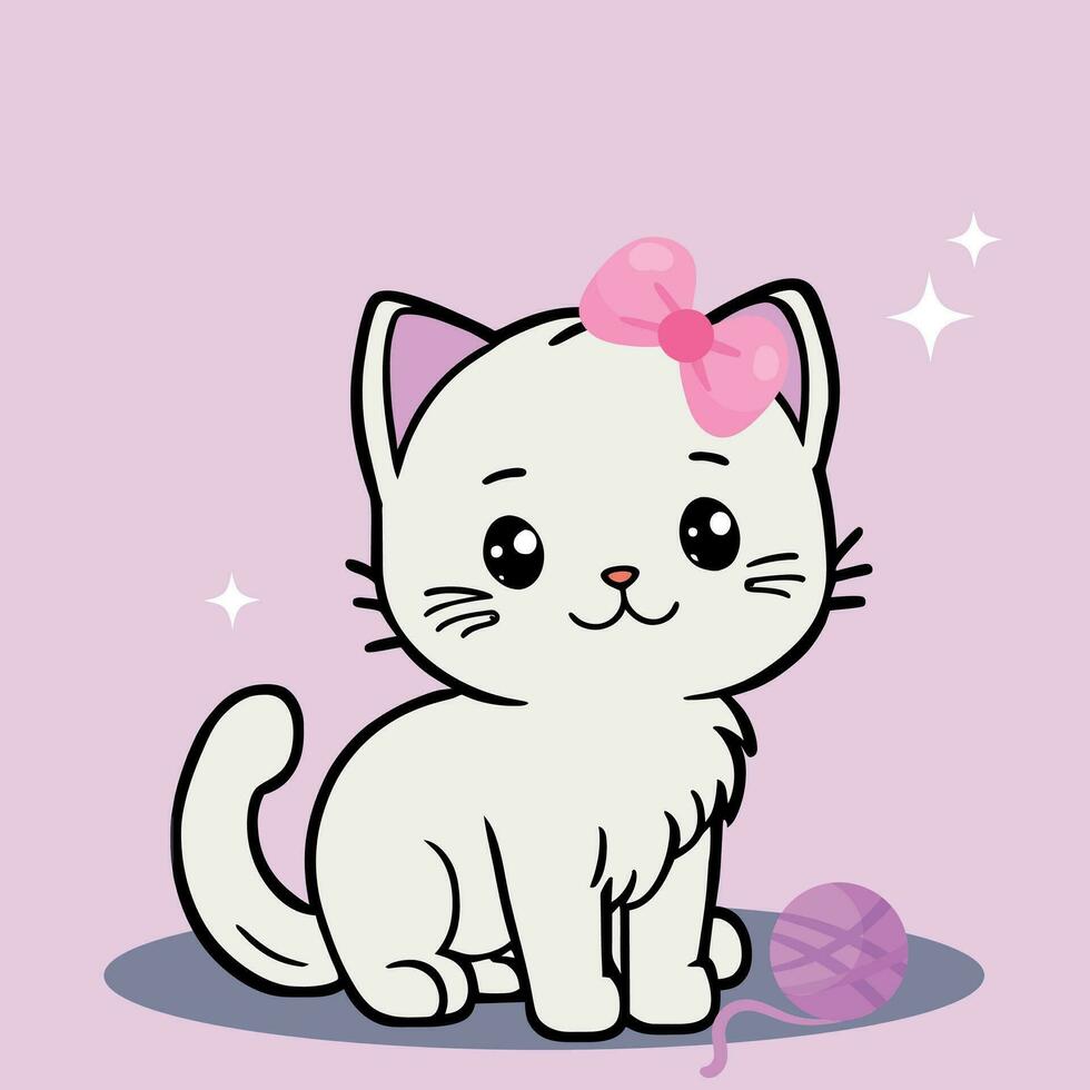 Little Cute Cat Cartoon Character with pink bow. Vector illustration