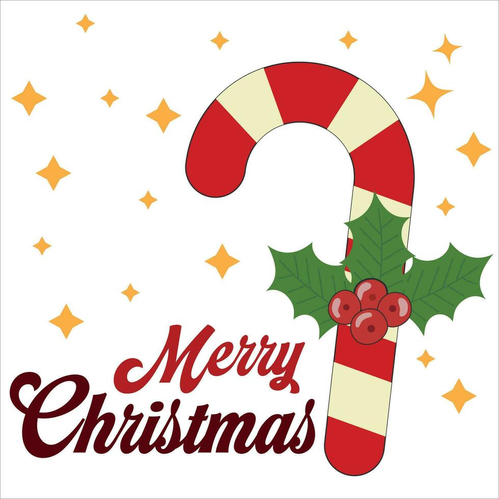 Navidad caña. alegre Navidad caramelo caña dulce acebo baya estrella tarjeta. vector ilustración