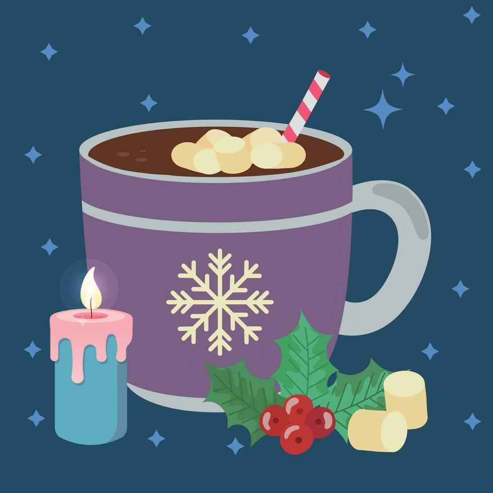Cup of hot chocolate with marshmallows. Christmas and Happy New Year concept. Vector illustration