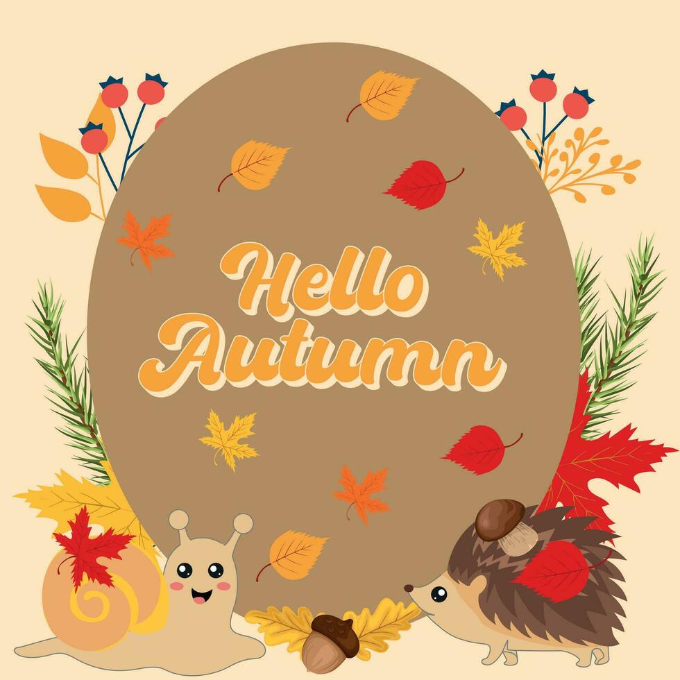 Hello Autumn season background. Autumn concept with cute hedgehog and snail. Vector autumn elements.