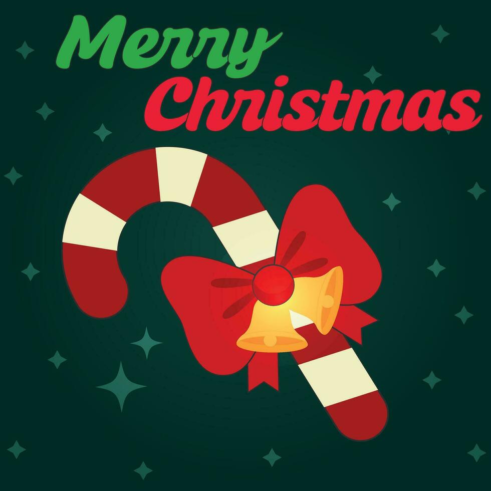 Merry Christmas greeting card with Christmas Cane and red Bow with bells. Vector illustration