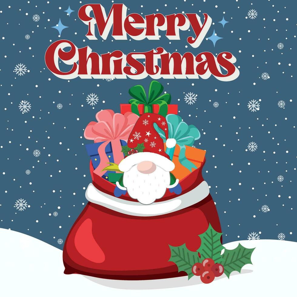 Christmas Greeting card with Cute cheerful gnome and with Santa's bag. The concept of Merry Christmas. Vector illustration in cartoon style