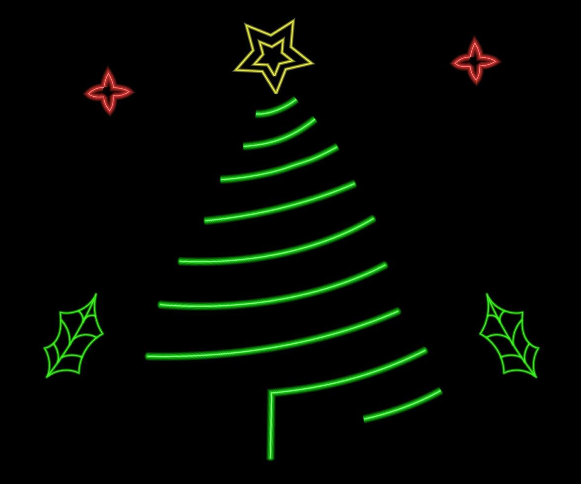 Neon Christmas tree with star, glowing icon. Neon New Year tree silhouette, outline Christmas tree in vivid colors. Festive fir with neon light. Icon set, sign, symbol for UI. Vector illustration