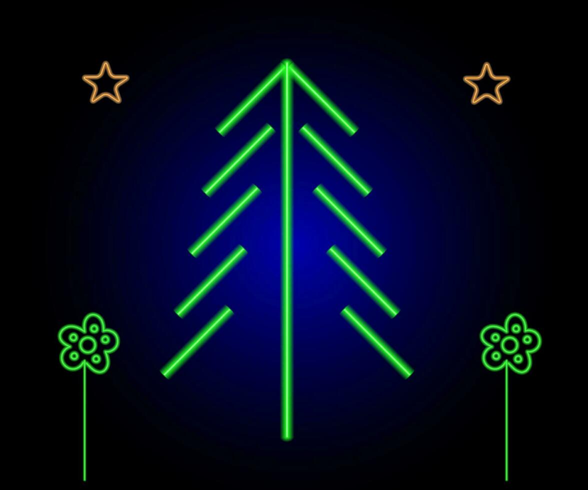 Neon Christmas tree with star, glowing icon. Neon New Year tree silhouette, outline Christmas tree in vivid colors. Festive fir with neon light. Icon set, sign, symbol for UI. Vector illustration