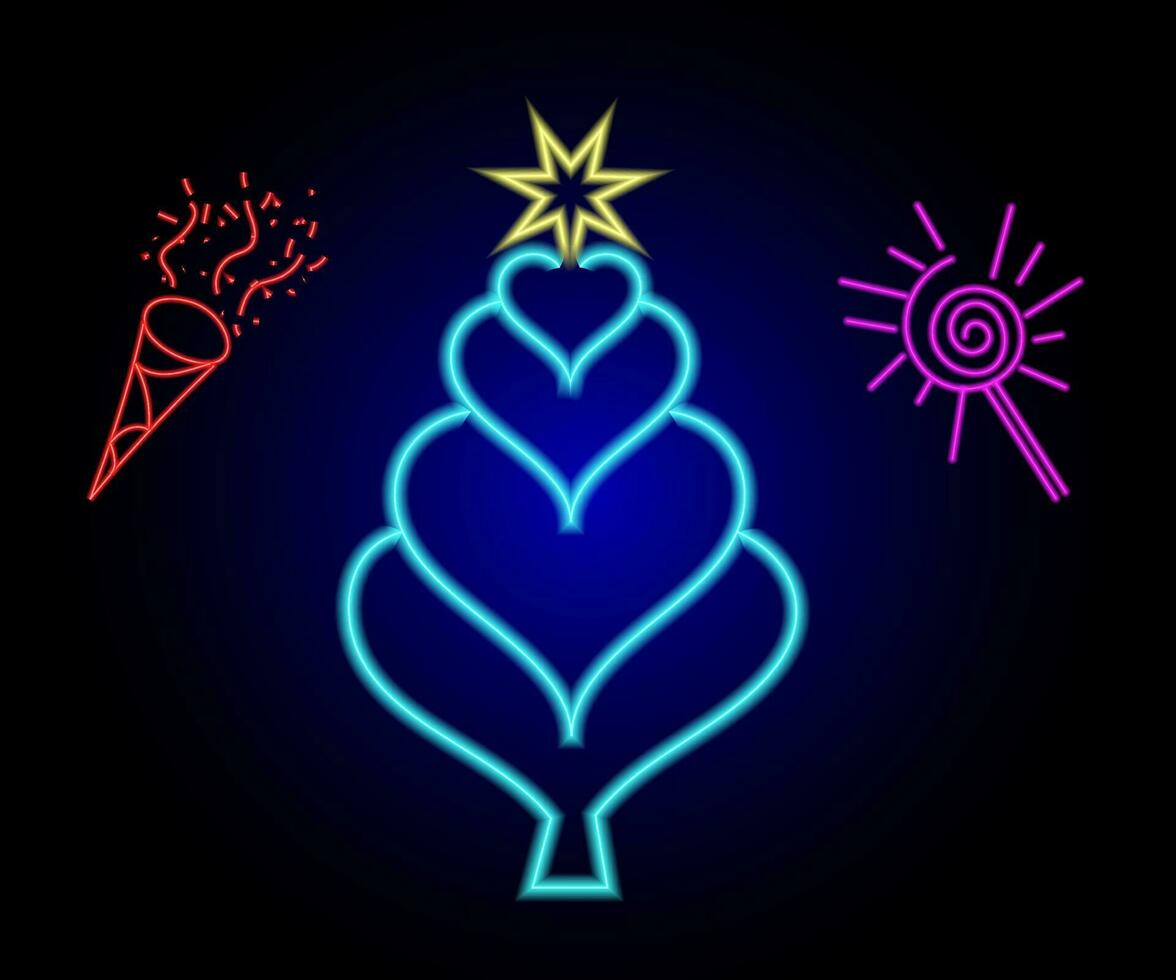 Neon Christmas tree with star, glowing icon. Neon New Year tree silhouette, outline Christmas tree in vivid colors. Festive fir with neon light. Icon set, sign, symbol for UI. Vector illustration