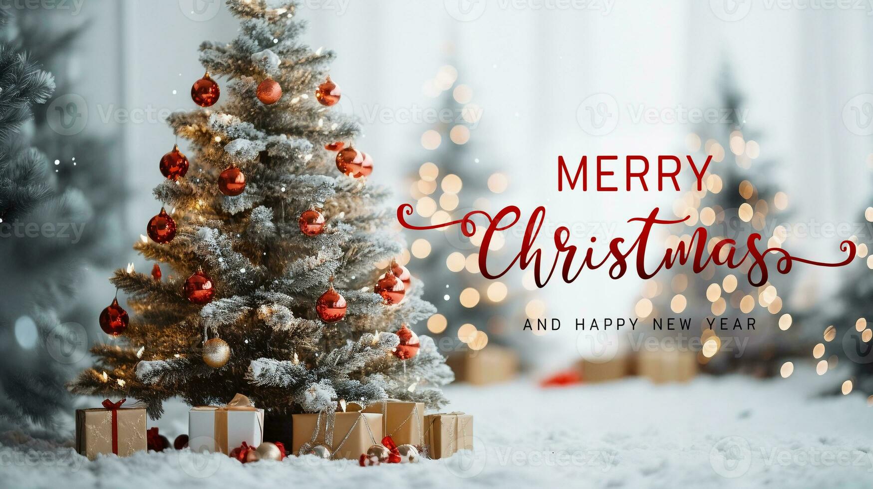 Merry Christmas and Happy New Year wishes with Christmas decorations background. Season's greetings photo