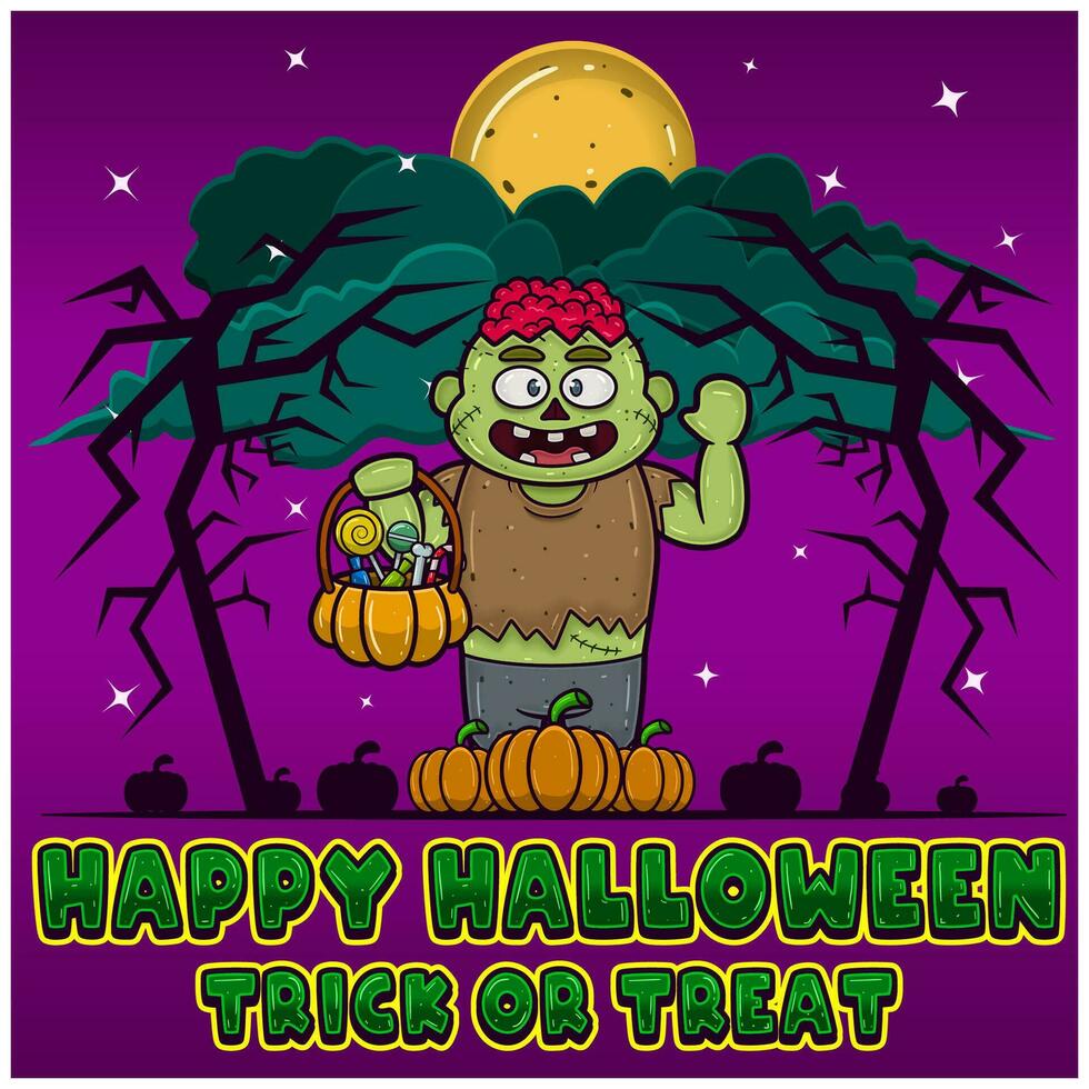 Zombie Holding Candy. Happy Halloween. Trick and Treat. Greeting Card, Invitation and Poster. vector