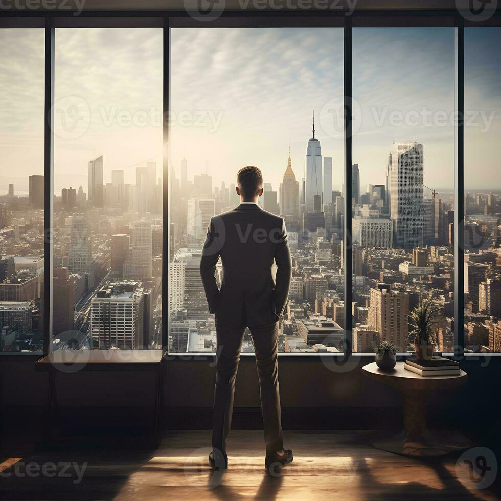 the executive from the window overlooks the city. sunset inside the office ai generated photo