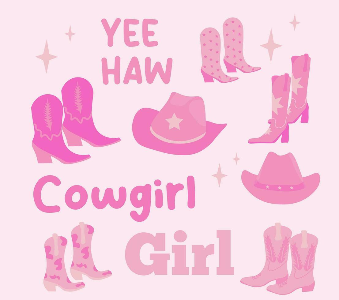 set of pink different cowboy boots, hat, inscription. the concepts of the cowboy western and the wild West. vector