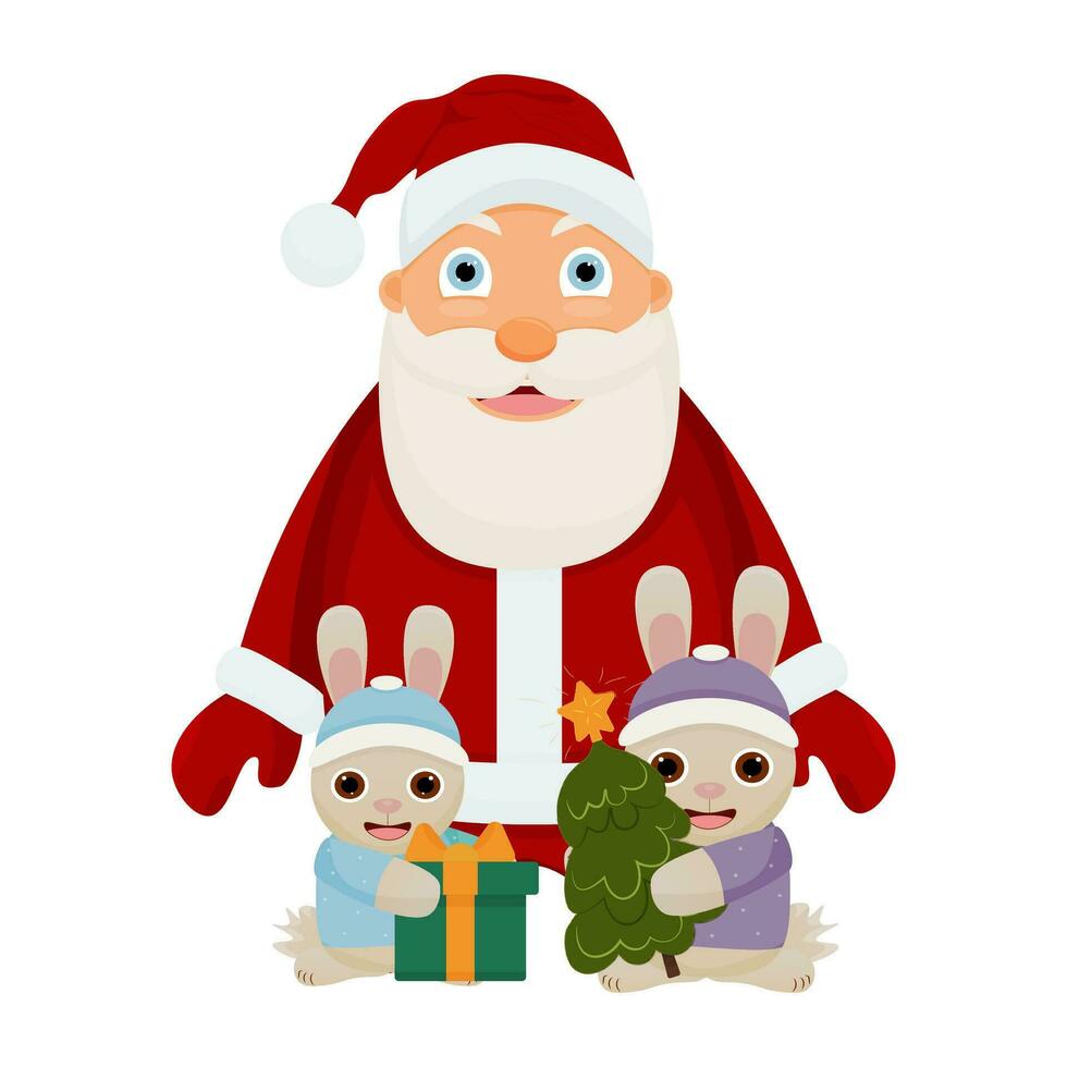 Vector Santa Claus and rabbits.  Cute bunnies with Santa Claus.  Hares with a Christmas tree and a gift.  Isolated on a white background. Christmas banner. Merry Christmas and Happy New Year.