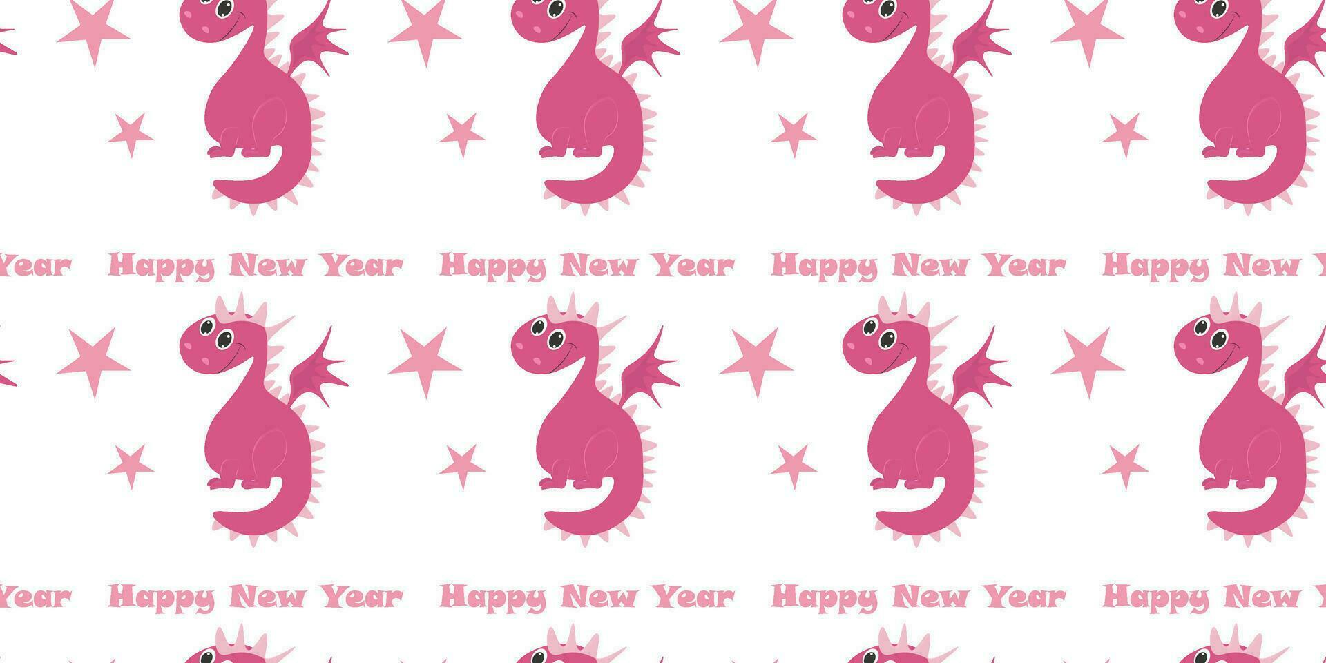 Seamless pattern with cute cartoon pink Dragon, Happy New Year 2024. Vector illustration