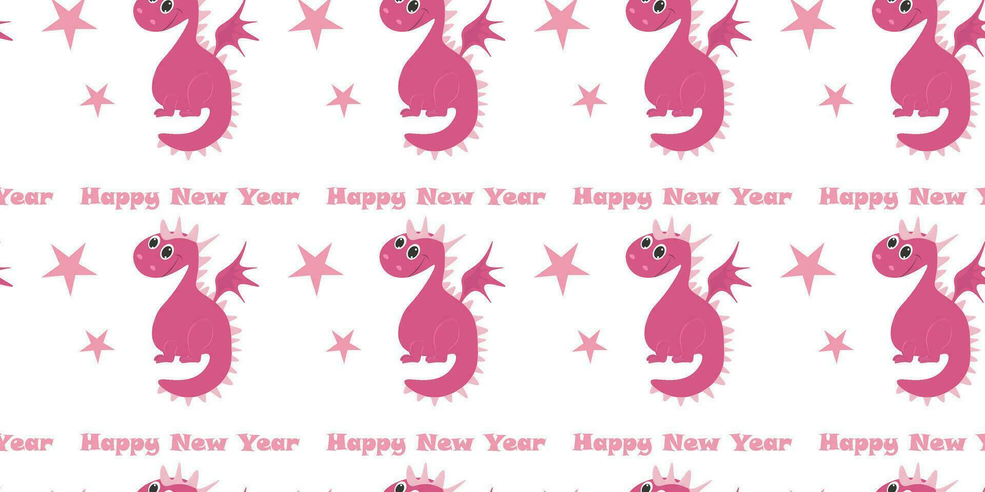 Seamless pattern with cute cartoon pink Dragon, Happy New Year 2024. Vector illustration