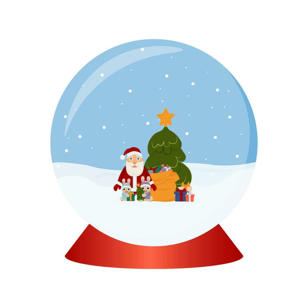 Glass snow globe Christmas. Santa Claus and gifts, Christmas tree and rabbits . Vector illustration isolated on a white background. New Year's snow globe.