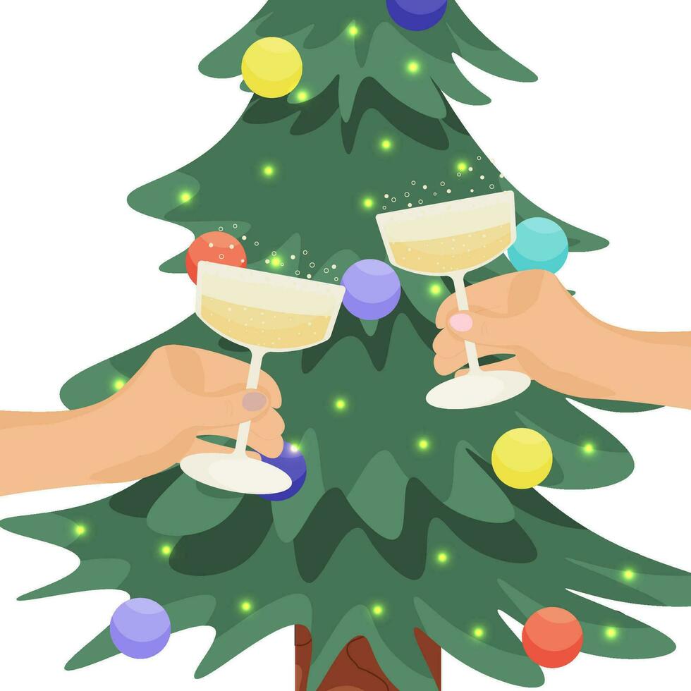 Celebrate the New year. Hands holding glasses near the Christmas tree. Vector. vector