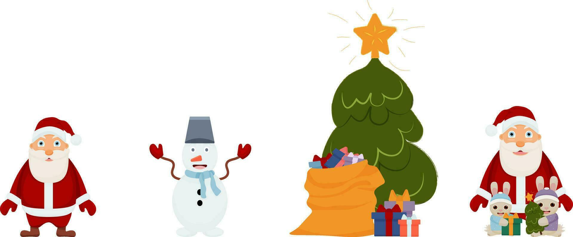 Vector illustration set Santa Claus , a Christmas tree with gifts, a cheerful snowman, cartoon rabbits. Isolated on a white background.