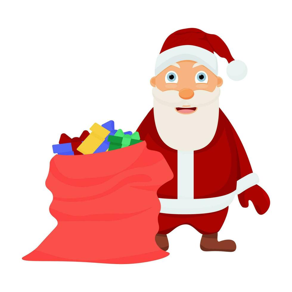 A full Sack of gifts and Santa Claus on white background. flat vector illustration. the concept of Christmas and New Year.