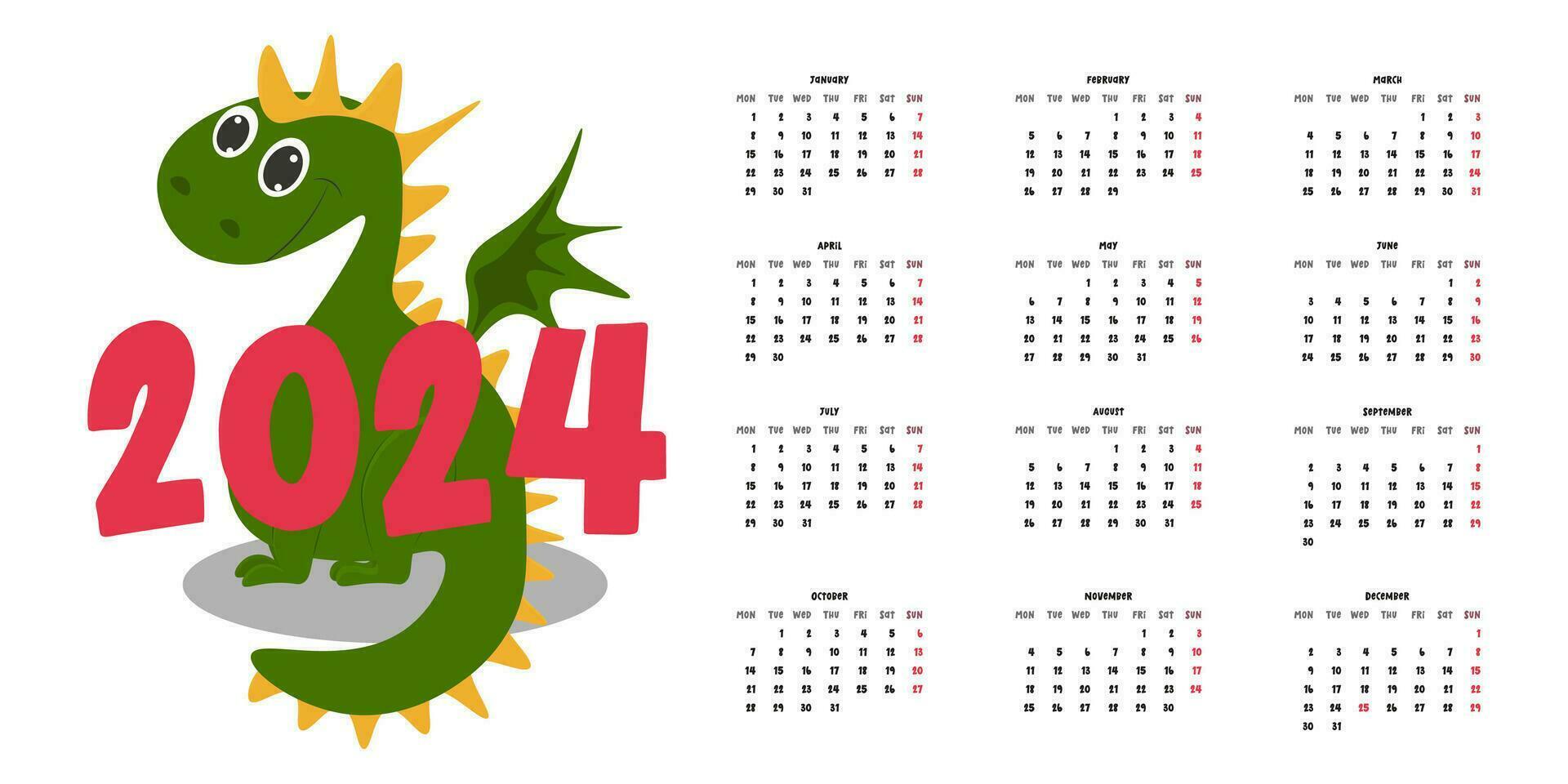 Calendar 2024 with a cute cartoon dragon. Vector illustration