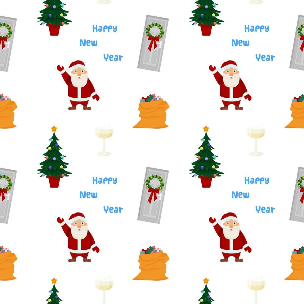 Winter seamless pattern. Illustration on a white background. Christmas tree, Santa Claus, gifts, a door with a wreath, a glass of champagne, happy New year. vector
