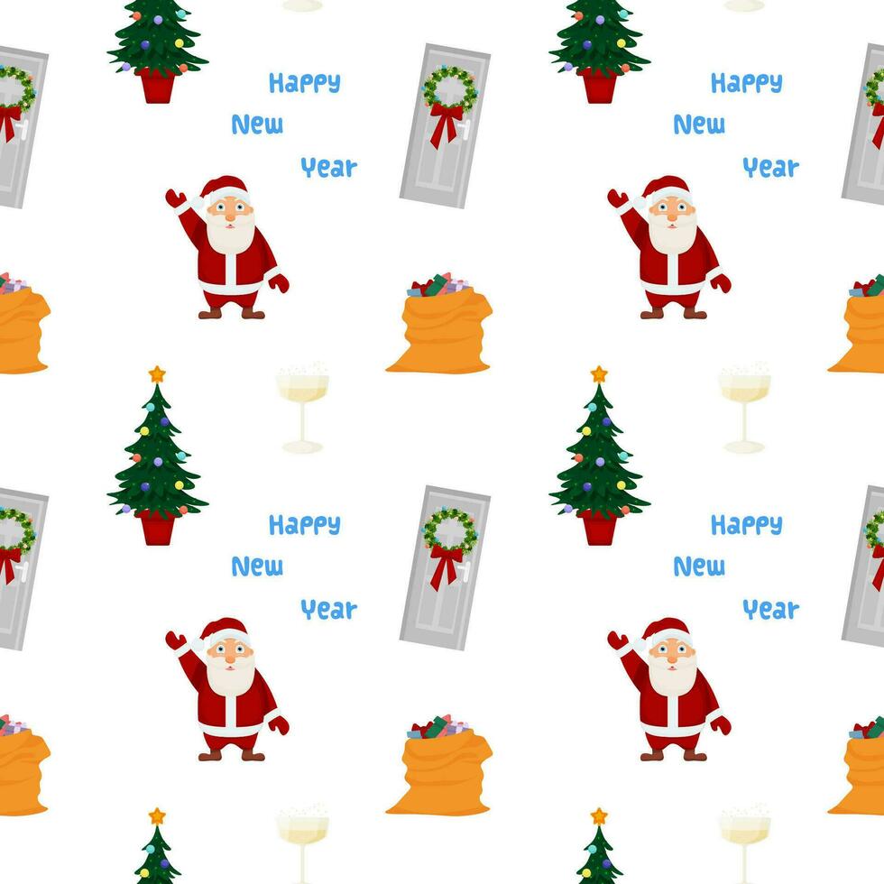 Winter seamless pattern. Illustration on a white background. Christmas tree, Santa Claus, gifts, a door with a wreath, a glass of champagne, happy New year. vector