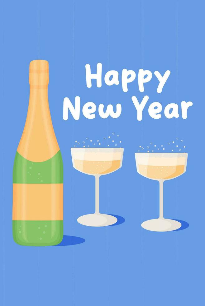 New Year's celebration. vector illustration. Two glasses of wine and a bottle of champagne on a blue background. New Year's Card