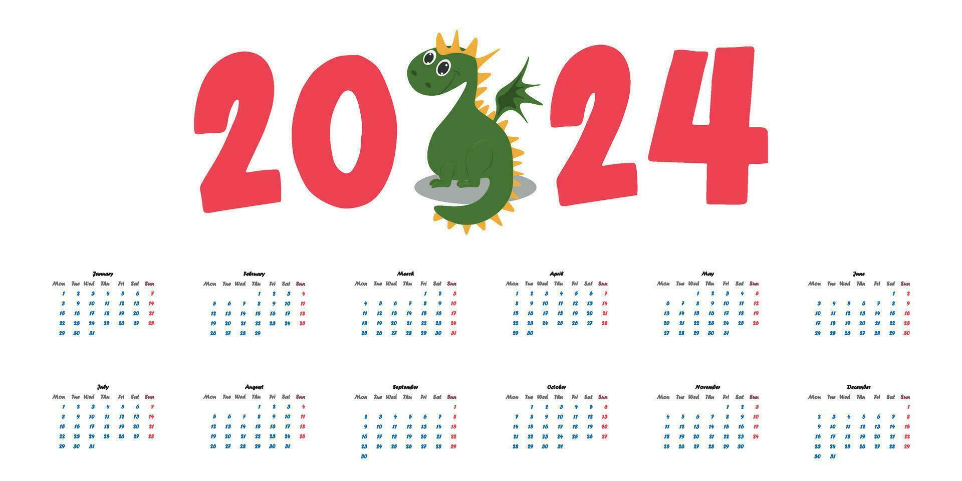 Calendar 2024 with a cute cartoon dragon. Vector