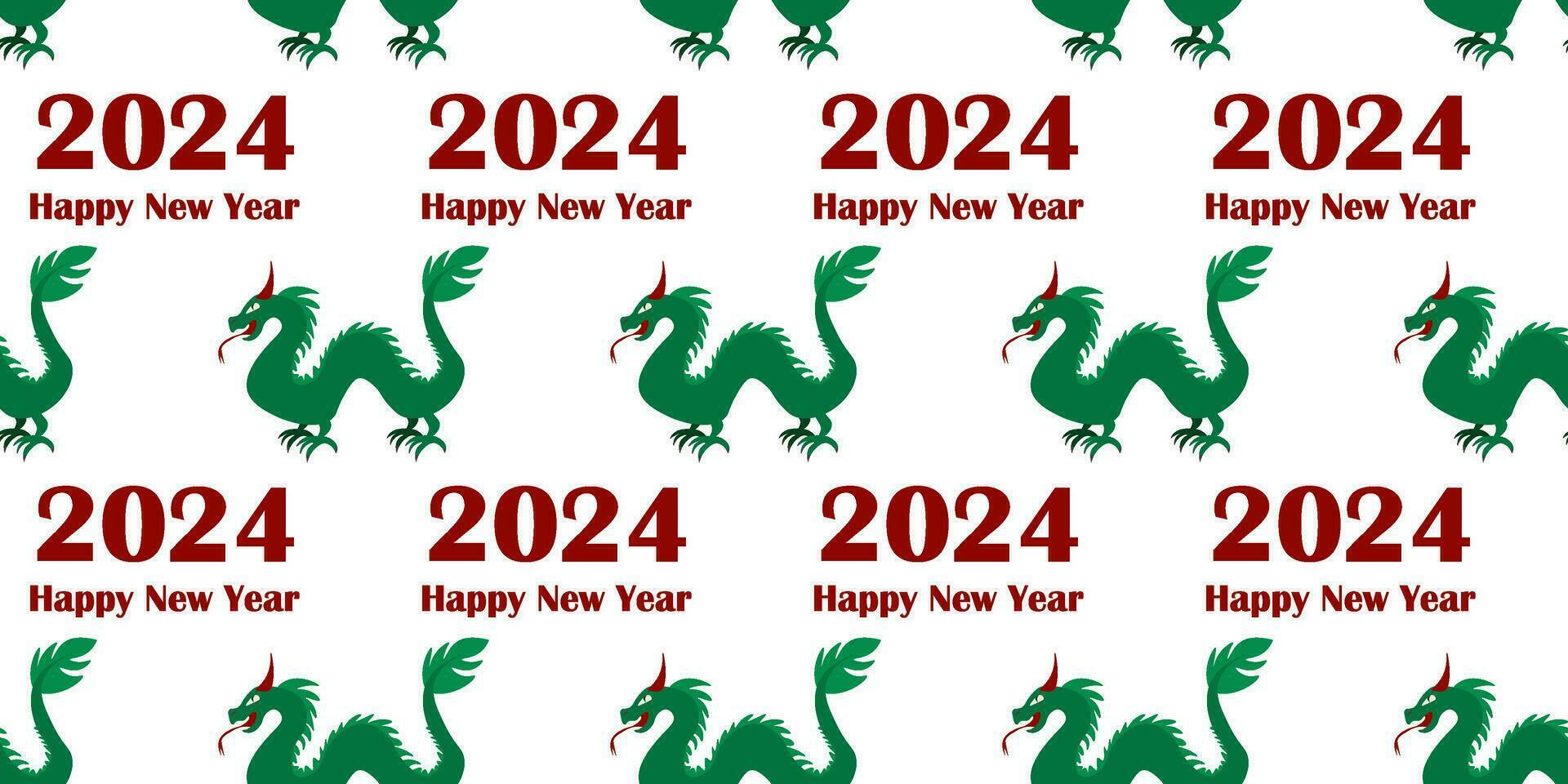 Seamless pattern with green Dragon 2024, Happy New Year text. Vector illustration