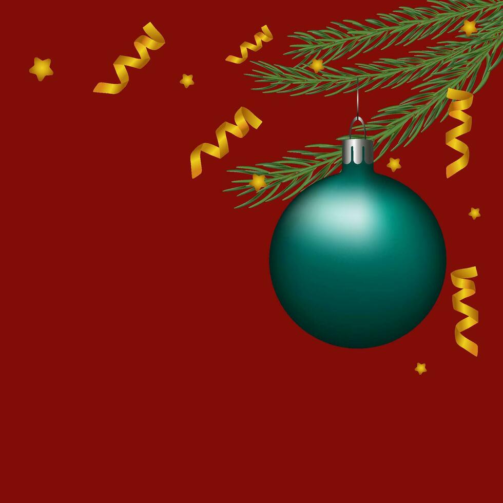 Christmas composition of fir branches, festive green glass ornaments, confetti and stars on a bright red background. Vector. vector