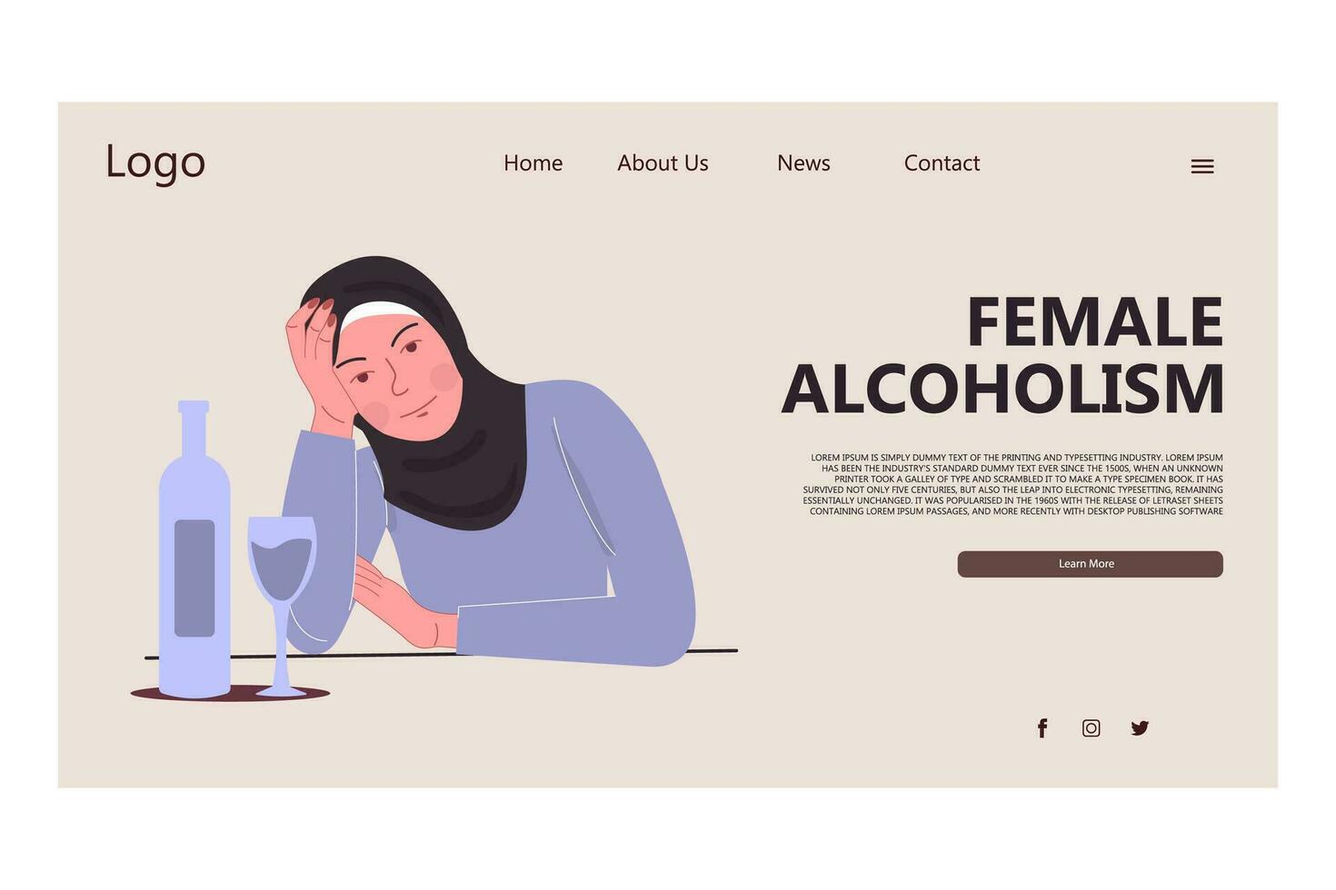 Female alcoholism landing page template. Muslim woman hijab vector