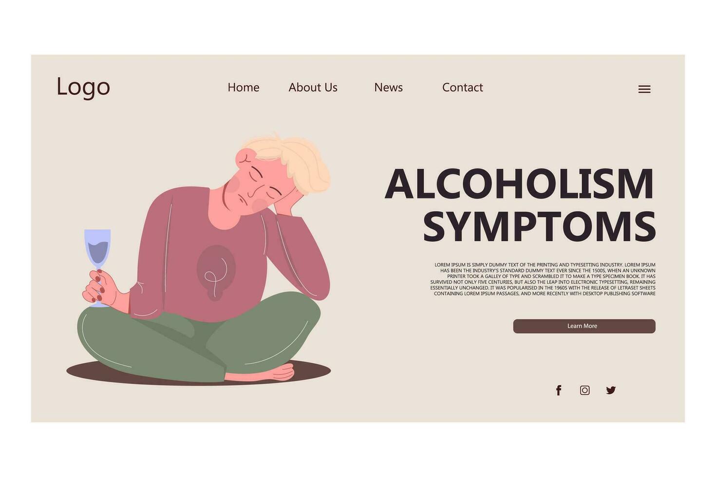 Alcoholism symptoms landing page template. vector