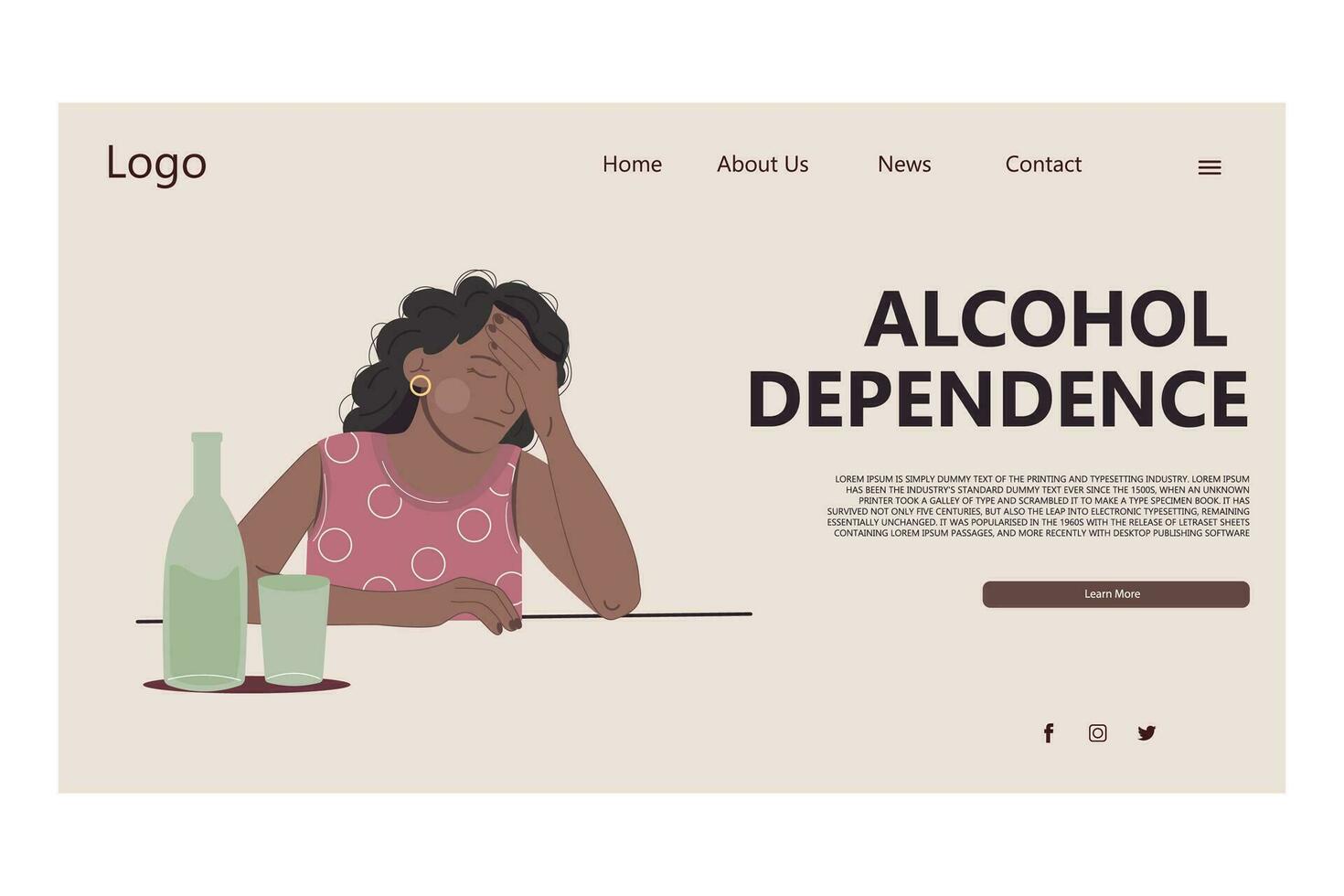 Alcohol dependence landing page template. African American woman vector