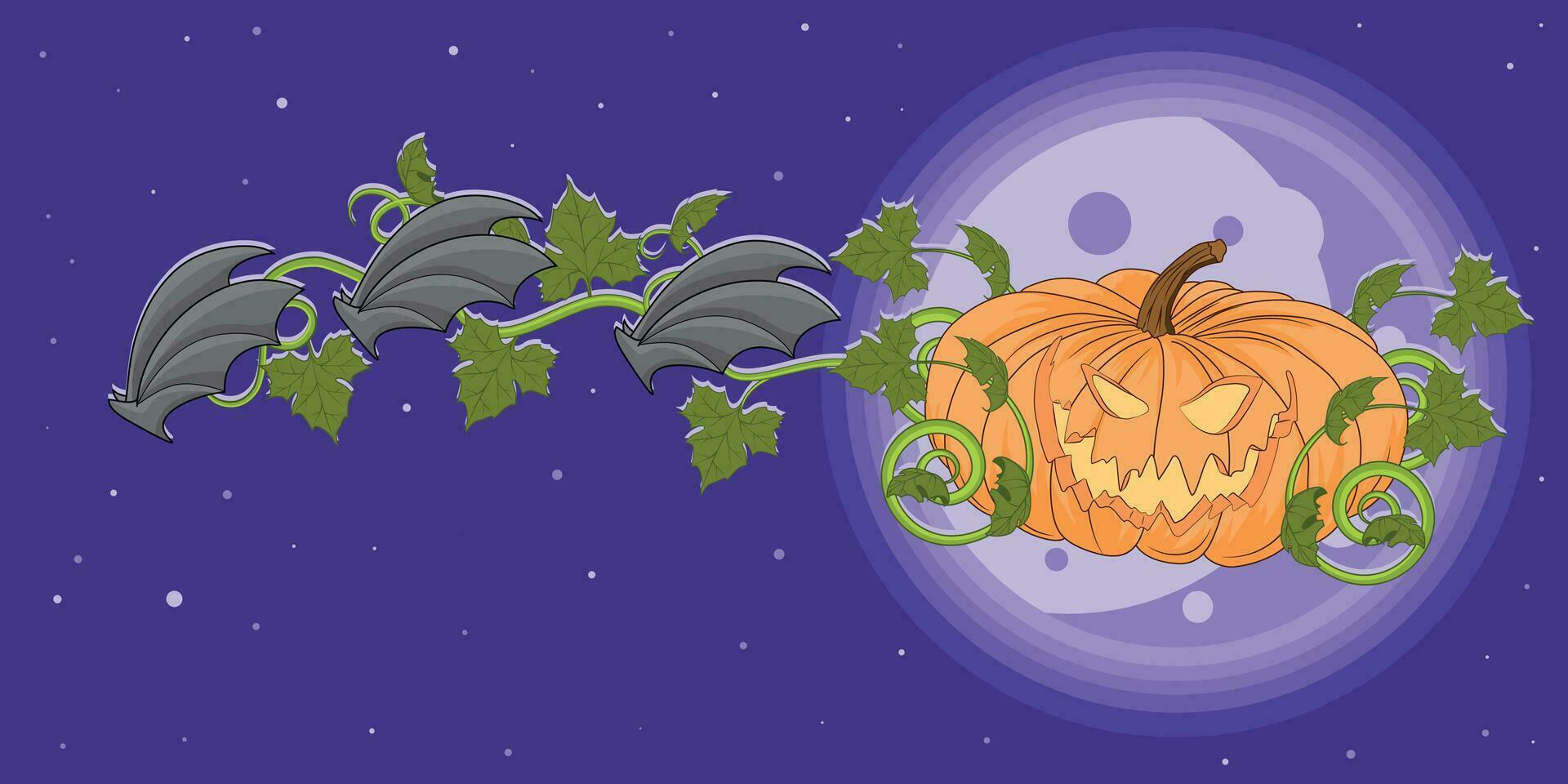 Halloween design. A pumpkin-shaped carriage drawn by bats against the backdrop of the moon. Color illustration. vector