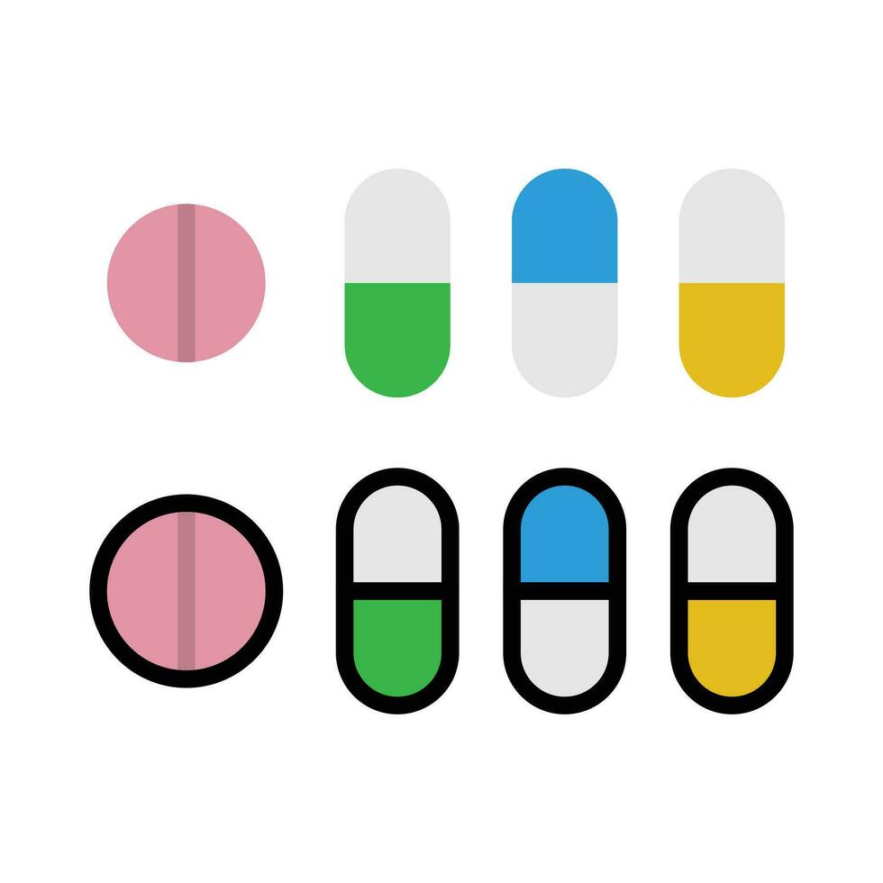 Medicine pills and capsules of various colors vector