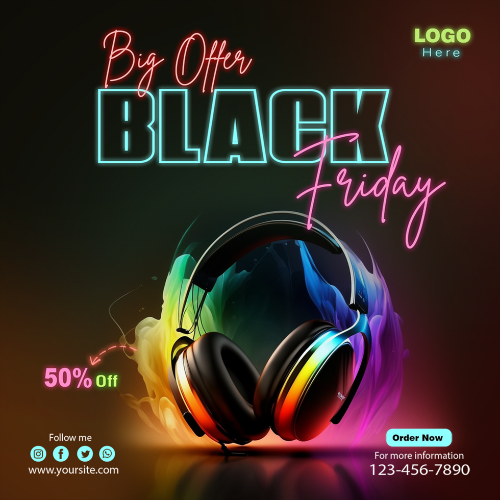 Black firday neon effect social media post design, instagram, facebook ads free psd template