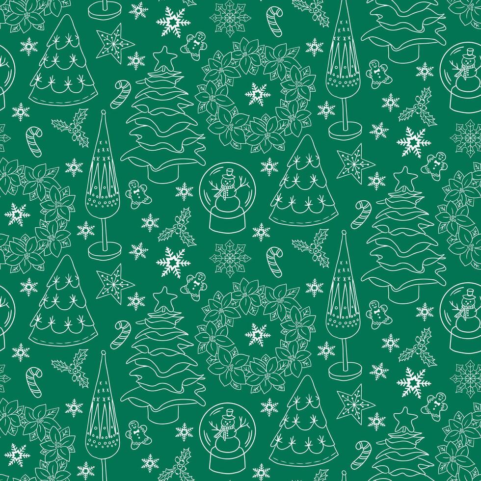 Christmas pattern with handmade holiday elements, holiday trees, wreath, gingerbread cookie, christmas ball. White doodle elements on green background. Winter holiday design for decoration, wrapping vector