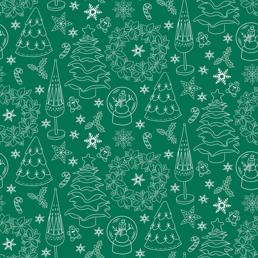 Christmas pattern with handmade holiday elements, holiday trees, wreath, gingerbread cookie, christmas ball. White doodle elements on green background. Winter holiday design for decoration, wrapping vector