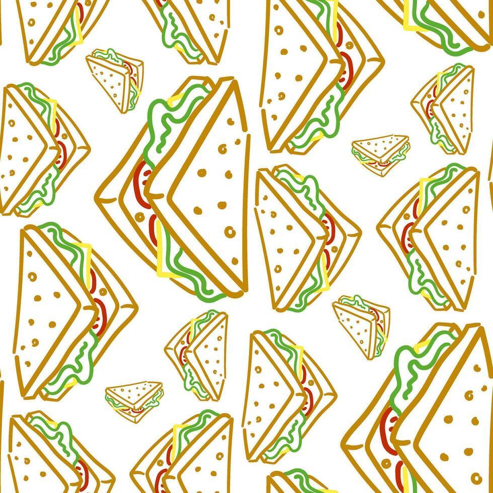 Vector seamless drawing with a hand-drawn sandwich-colored linear pattern. Beautiful food design elements, ideal for any business related to the food industry. Textiles and paper. Packaging products