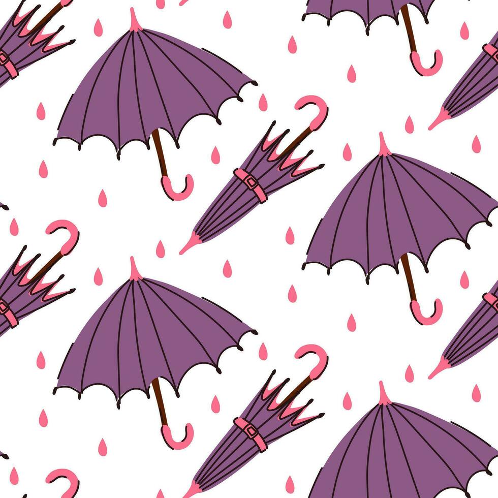 Pattern of an open and closed purple umbrella in the rain. Seamless, repetitive flat autumn cartoon texture. Cute weather protection on a white background. Umbrellas, printing on textiles, paper vector
