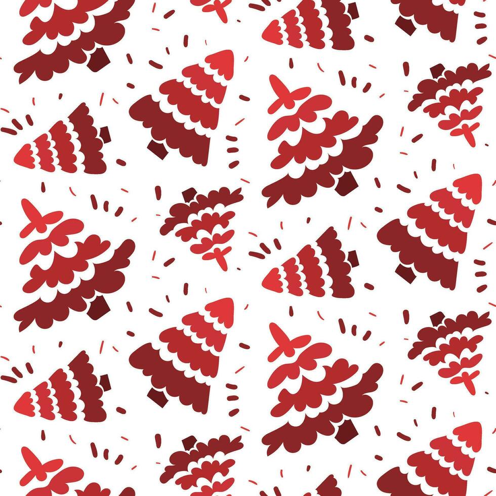 Pattern with pink natural Christmas trees on a white background. Vector Christmas trees, seamless background with decorated elements. Ideal for making fabrics, textiles, scrapbooking and wallpape