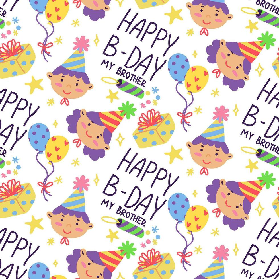 A pattern with children, gifts and the inscription happy birthday brother. A girl, a boy in festive cones with gift boxes, balloons with stars on a white. Texture for printing on packaging, gifts vector