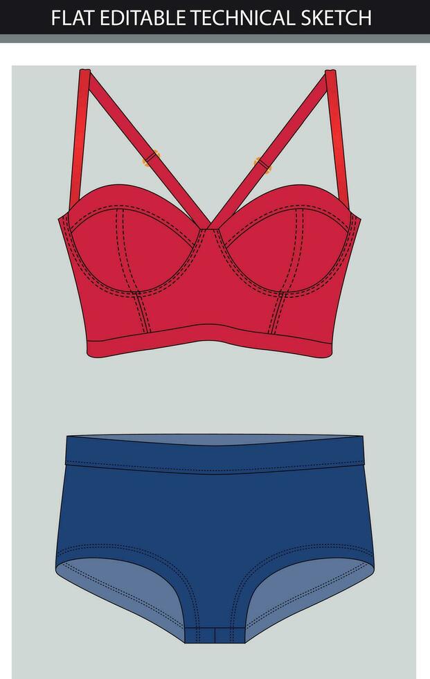 Women's underwear sets. Vector illustration of a red bra and panties. Flat sketch.