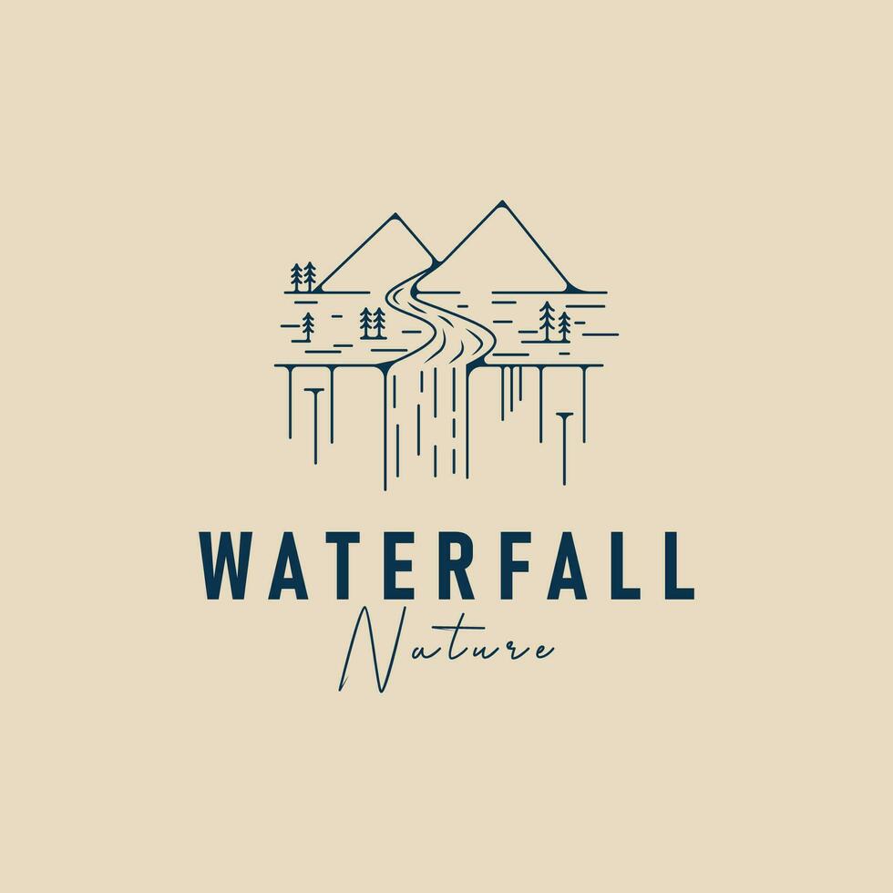 waterfall logo  line art vector illustration design with mountain and pine logo design