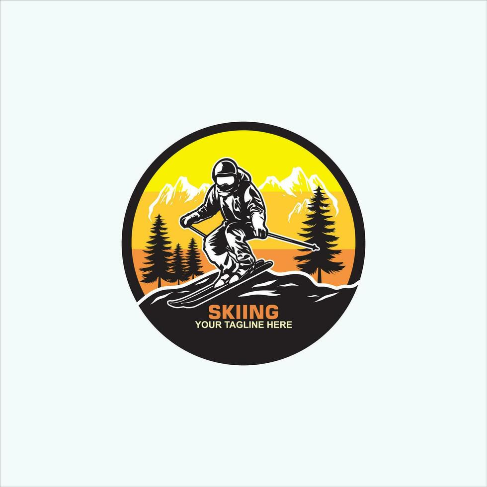 Ski club concept with skiers skiing downhill in high mountains. Ski club vector retro badge