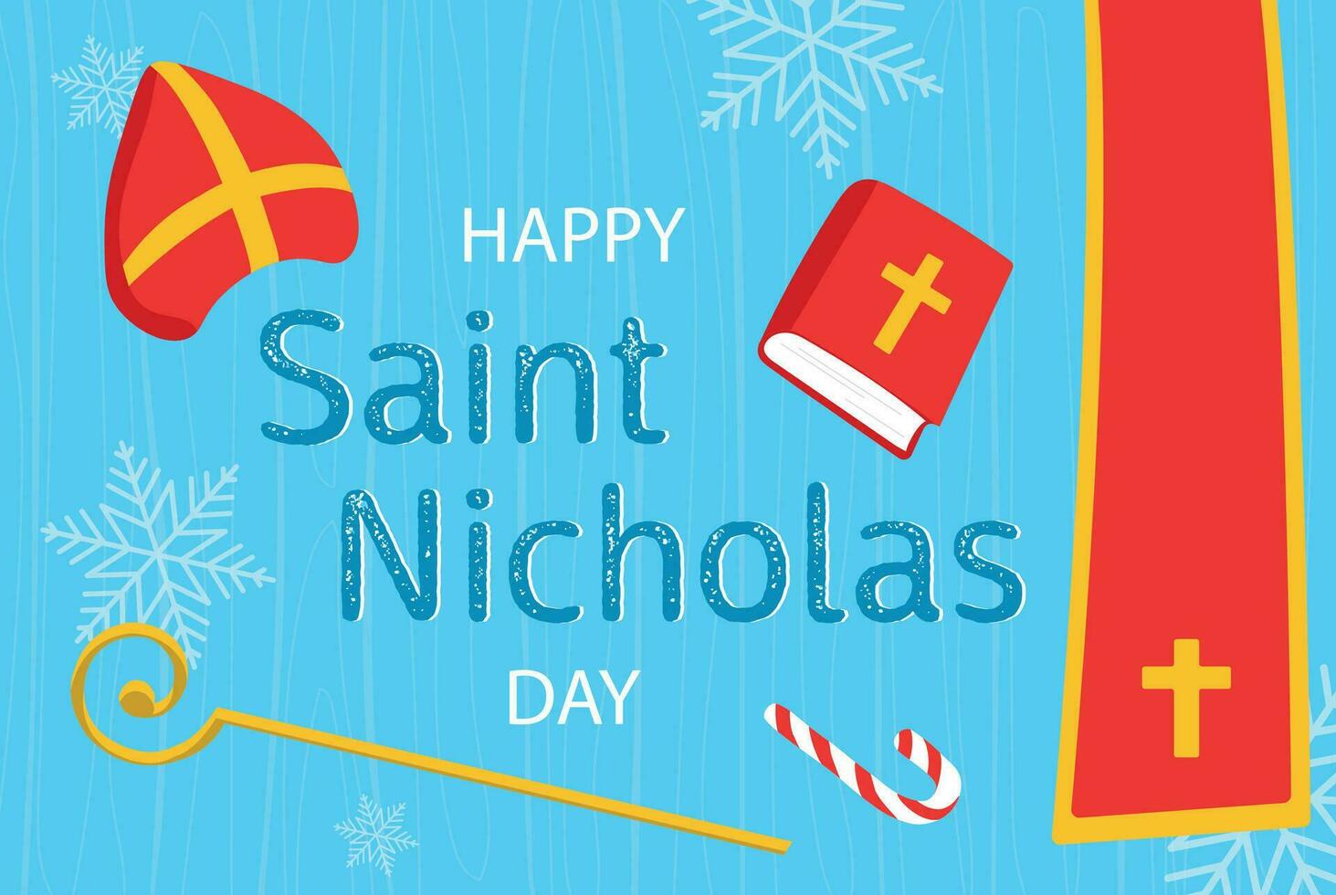 Saint Nicholas Day. Horizontal banner with attributes of Saint Nicholas, hat, bible, candy, staff. Traditional holidays of Christian countries. vector