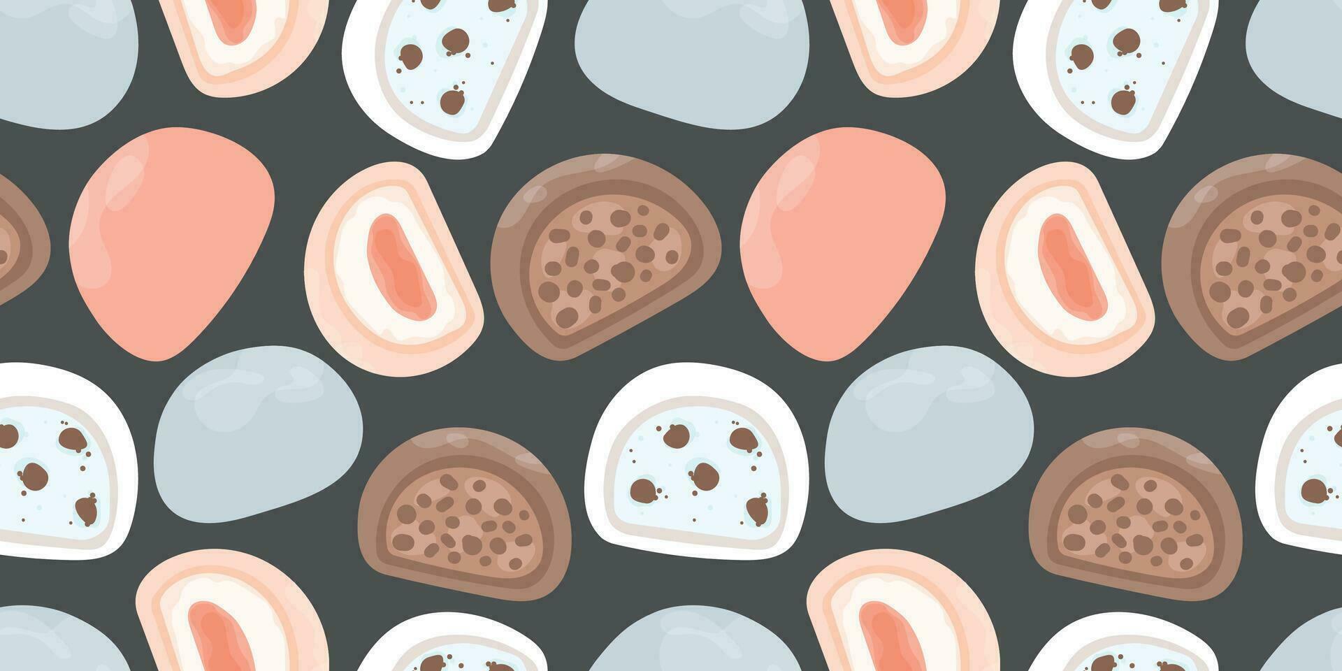 Mochi seamless pattern. Japanese Mochi with different fillings on black background. Asian sweet food. Vector for clothes, background, print, package. Japanese Mochi in rice dough.