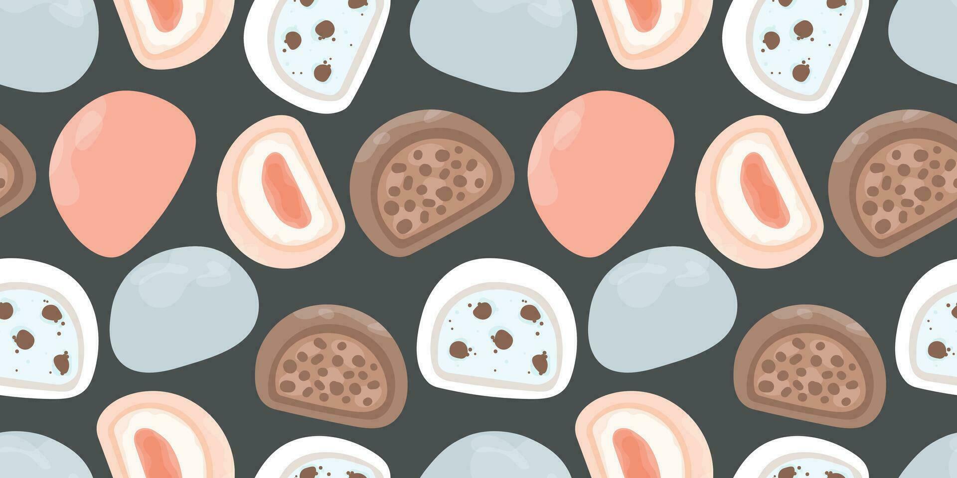 mochi sin costura modelo. japonés mochi con diferente empastes en negro antecedentes. asiático dulce alimento. vector para ropa, fondo, imprimir, paquete. japonés mochi en arroz masa.